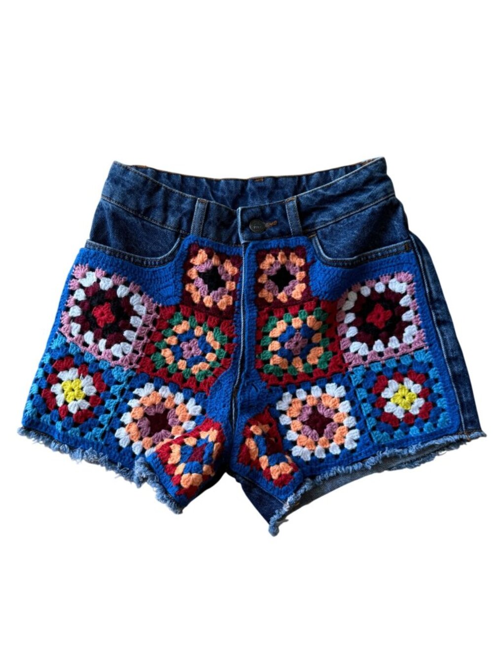 Farm Rio For Anthropologie Crochet Patchwork Denim Shorts Size 25 Multicolor Mad